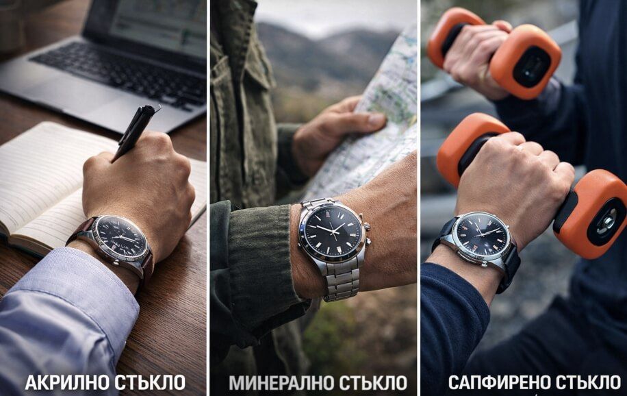 Колаж от три вертикални сцени, показващи различни видове стъкло на часовник в реални ежедневни ситуации: вляво човек пише в тефтер на бюро до лаптоп, като носи часовник с кафява кожена каишка и акрилно стъкло, обозначено с надпис „акрилно стъкло“; в средата човек държи карта на открито и носи часовник с метална верижка и минерално стъкло, обозначено с надпис „минерално стъкло“; вдясно човек тренира с дъмбели и носи часовник с тъмна каишка и сапфирено стъкло, обозначено с надпис „сапфирено стъкло“, като колажът сравнява трите типа стъкло чрез различни начини на използване